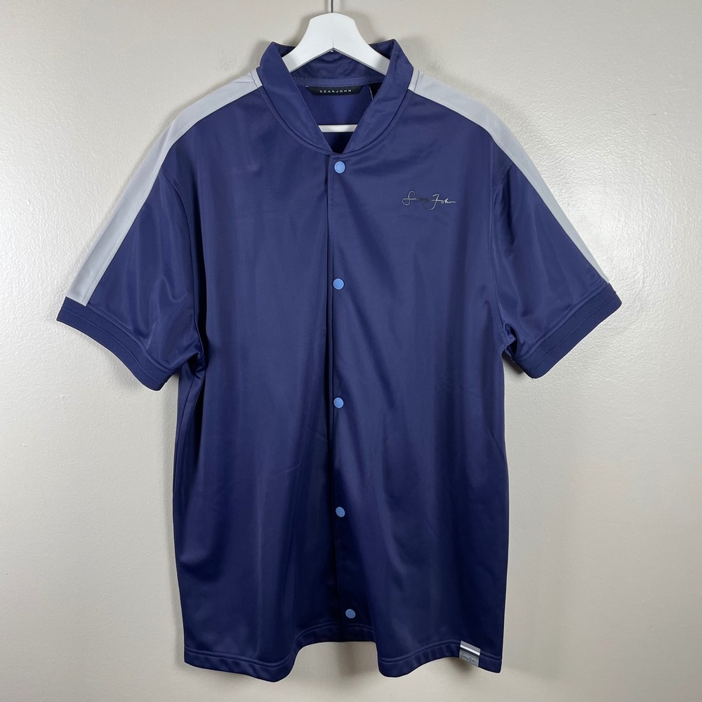 Sean John Men's XL Shirt Blue Short Sleeve Snap Front Athletic Stripe Streetwear
